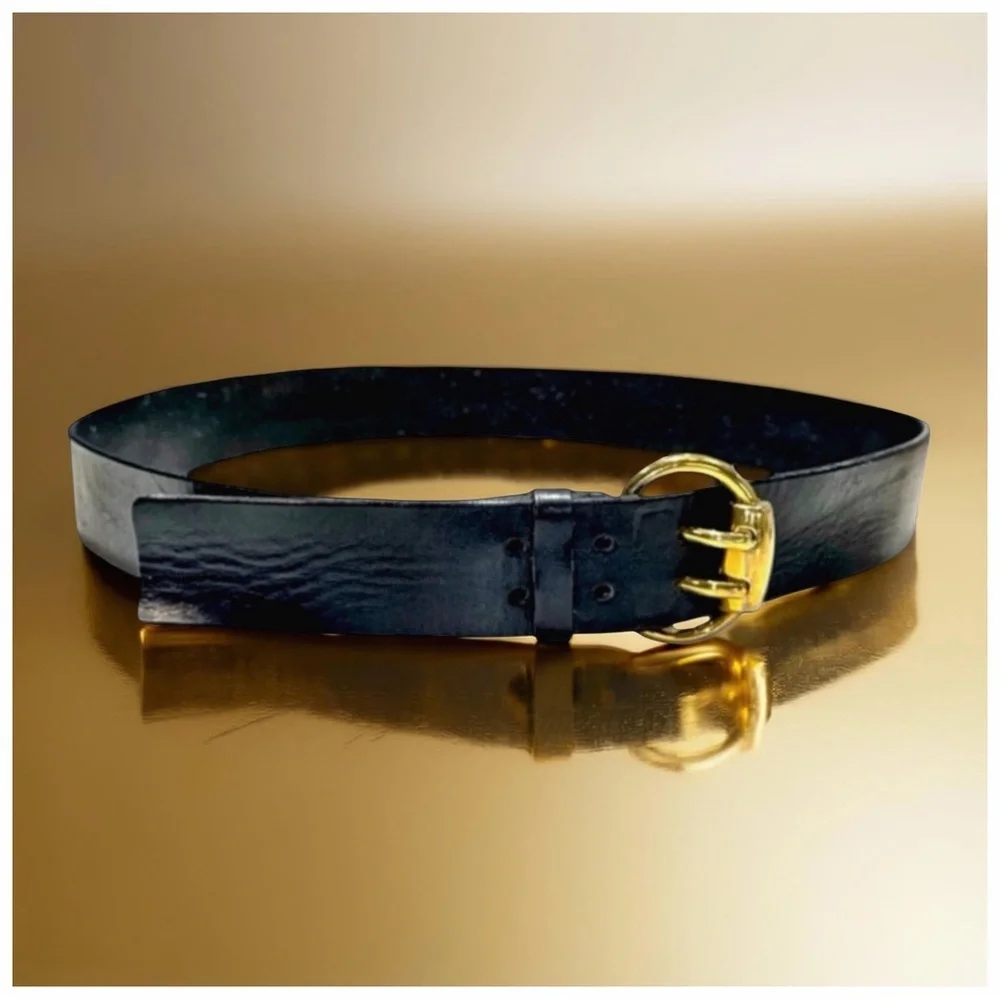 Bijan Men’s Black Leather Belt with Gold Buckle. 48”